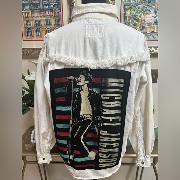 MICHAEL JACKSON GRAPHIC PRINT VINTAGE FRINGE KING OF POP SHIRT/ SHACKET SZ M - Picture 1 of 7